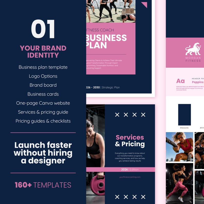 May include: A digital marketing template with a navy blue and pink color scheme. The template includes sections for brand identity, business plans, services, and pricing. The text includes "Launch faster without hiring a designer" and "160+ templates."