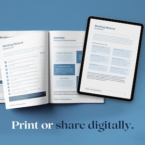 May include: An open book and a tablet display pages about working memory. The book shows an assessment and exercises. The tablet displays a summary. Text at the bottom reads "Print or share digitally."