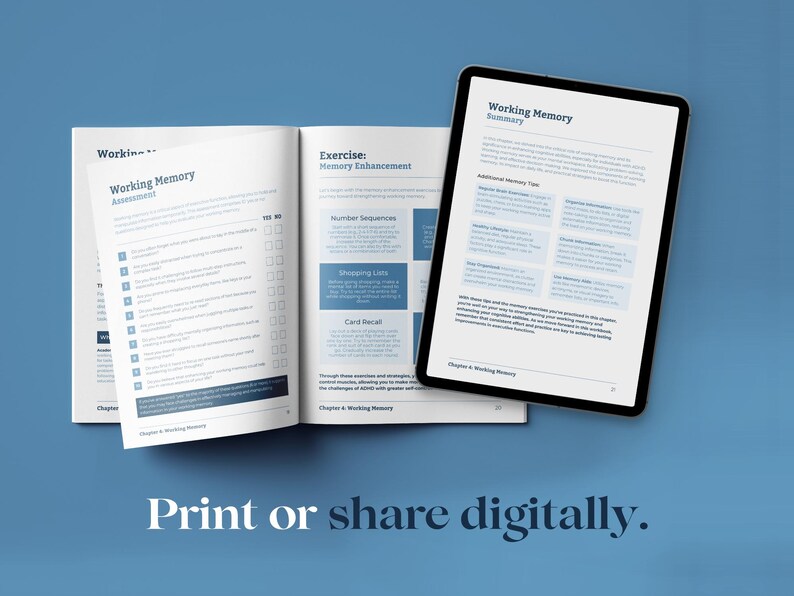 May include: An open book and a tablet display pages about working memory. The book shows an assessment and exercises. The tablet displays a summary. Text at the bottom reads "Print or share digitally."