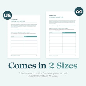 May include: Two printable worksheets in US Letter and A4 sizes for tracking self-talk. The worksheets have a table with two columns labeled "Thought" and "Trigger".