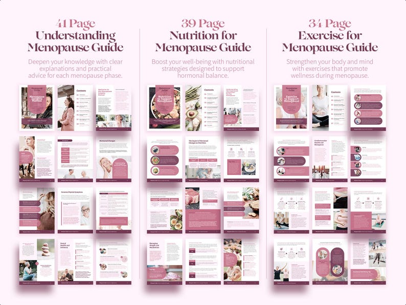 K&ouml;nnte beinhalten: Ein digitaler Ratgeber mit drei Abschnitten: Menopause verstehen, Ern&auml;hrung f&uuml;r die Menopause und &Uuml;bungen f&uuml;r die Menopause. Jeder Abschnitt enth&auml;lt eine Titelseite und mehrere Innenseiten mit Bildern und Text. Das Farbschema ist haupts&auml;chlich rosa und wei&szlig;.