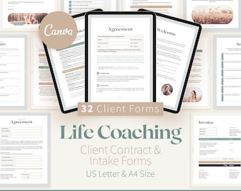 Life Coaching Client Intake Forms, Contract, Questionnaire (Canva Template)