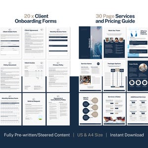 May include: A digital product showcasing client onboarding forms and a services and pricing guide. The image displays various documents with text, including forms, agreements, and policy documents. The text "20 x Client Onboarding Forms" and "30 Page Services and Pricing Guide" are visible.