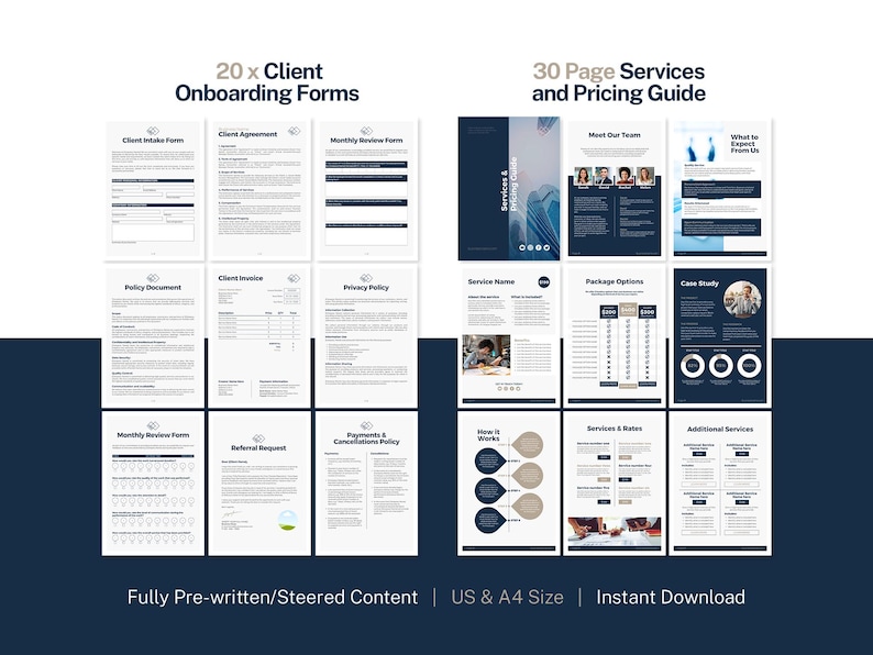 May include: A digital product showcasing client onboarding forms and a services and pricing guide. The image displays various documents with text, including forms, agreements, and policy documents. The text "20 x Client Onboarding Forms" and "30 Page Services and Pricing Guide" are visible.