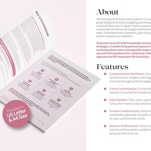 Może przedstawiać: R&oacute;żowo-biały zeszyt ćwiczeń z tytułem "What is Perimenopause!" i tekstem "Provided in US Letter & A4 Size". Zeszyt jest otwarty na stronie z siatką dziewięciu kwadrat&oacute;w, z kt&oacute;rych każdy zawiera r&oacute;żowe serce. Prawa strona obrazu zawiera tekst "About" i "Features" z punktami opisującymi zawartość zeszytu.