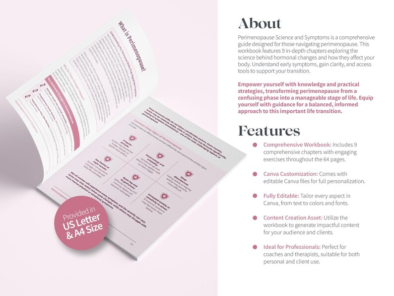 Może przedstawiać: R&oacute;żowo-biały zeszyt ćwiczeń z tytułem "What is Perimenopause!" i tekstem "Provided in US Letter & A4 Size". Zeszyt jest otwarty na stronie z siatką dziewięciu kwadrat&oacute;w, z kt&oacute;rych każdy zawiera r&oacute;żowe serce. Prawa strona obrazu zawiera tekst "About" i "Features" z punktami opisującymi zawartość zeszytu.