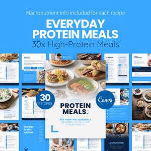 Può includere: Una copertina di prodotto digitale con sfondo blu e il testo "EVERYDAY PROTEIN MEALS" e "30x High-Protein Meals." L'immagine presenta foto di cibo e pagine di ricette, progettate per risultati di fitness.