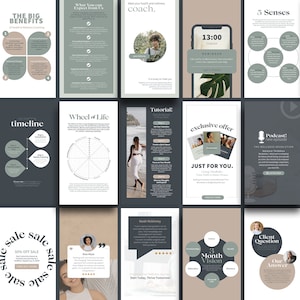May include: A collage of images promoting a wellness coaching service. The images include a wheel of life, a timeline, a podcast microphone, a phone reminder, and a client question and answer section. The color scheme is green, brown, and black.