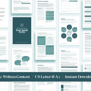 May include: A digital workbook titled "Silencing Your Inner Critic" with a teal cover and a white brain graphic. The workbook includes sections on identifying negative inner voices, understanding self-talk, creating a positive self-talk routine, and more.