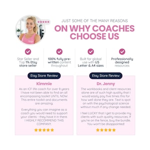 May include: Image promoting coaching resources, featuring a woman's photo and text: "ON WHY COACHES CHOOSE US." Includes Etsy store reviews, highlighting pre-written content, global use, and professionally designed resources.