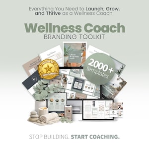 Peut inclure: Image promotionnelle pour une boîte à outils de marque de coach de bien-être. L'image présente divers modèles numériques, documents et maquettes sur des ordinateurs portables, des tablettes et des téléphones. Le texte comprend "Wellness Coach Branding Toolkit" et "2000+ templates".