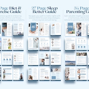 May include: A digital product image featuring three guides: a 28-page diet and exercise guide, a 27-page sleep better guide, and a 34-page parenting guide. Each guide has a blue and white design with images and text.