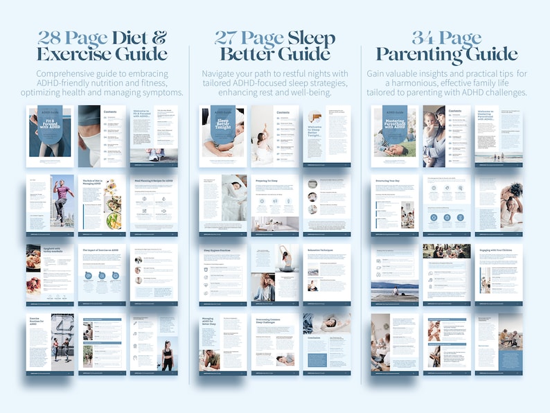 May include: A digital product image featuring three guides: a 28-page diet and exercise guide, a 27-page sleep better guide, and a 34-page parenting guide. Each guide has a blue and white design with images and text.