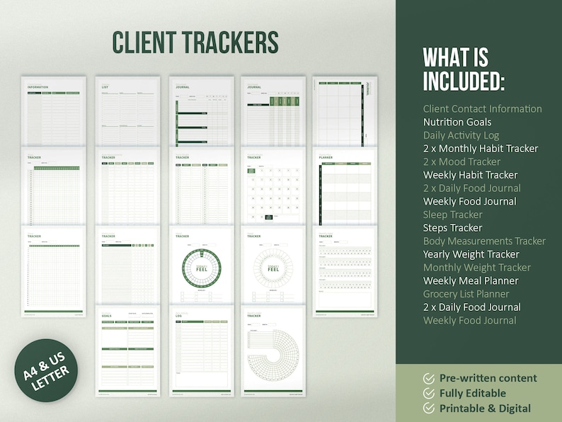 K&ouml;nnte beinhalten: Ein Satz druckbarer und digitaler Client-Tracker in den Formaten A4 und US Letter. Die Tracker umfassen Client-Kontaktinformationen, Ern&auml;hrungsziele, t&auml;gliches Aktivit&auml;tsprotokoll, monatlicher Gewohnheitstracker, Stimmungstracker, w&ouml;chentlicher Gewohnheitstracker, t&auml;gliches Ern&auml;hrungstagebuch, w&ouml;chentliches Ern&auml;hrungstagebuch, Schlaf-Tracker, Schrittz&auml;hler, Tracker f&uuml;r K&ouml;rperma&szlig;e, j&auml;hrlicher Gewichts-Tracker, monatlicher Gewichts-Tracker, w&ouml;chentlicher Essensplaner, Lebensmittellistenplaner und t&auml;gliches Ern&auml;hrungstagebuch.