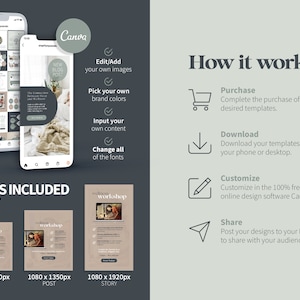 May include: A digital marketing template for Instagram featuring a wellness workshop announcement. The template is available in three sizes: 1080 x 1080 pixels for a post, 1080 x 1350 pixels for a post, and 1080 x 1920 pixels for a story. The template is customizable in Canva.
