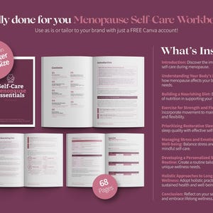 May include: A self-care workbook for menopause essentials, with a burgundy cover and white pages. The workbook includes sections on nutrition, sleep, and emotional well-being. The text includes "Self-Care Menopause Essentials" and "68 Pages".