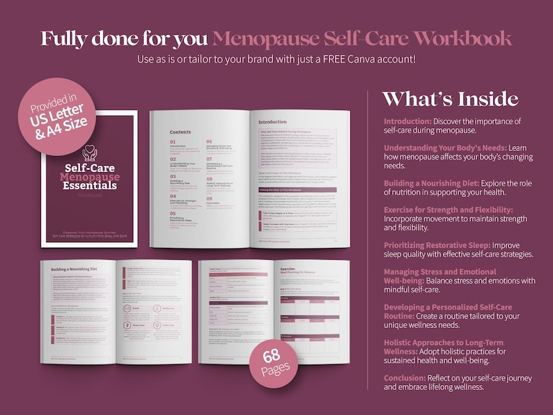 May include: A self-care workbook for menopause essentials, with a burgundy cover and white pages. The workbook includes sections on nutrition, sleep, and emotional well-being. The text includes "Self-Care Menopause Essentials" and "68 Pages".
