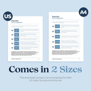 May include: Two white documents with blue accents, labeled "US" and "A4", present the "Exercise: The 5-S Approach." The text "Comes in 2 Sizes" is below, with the description: "This download contains Canva templates for both US Letter format and A4 format."