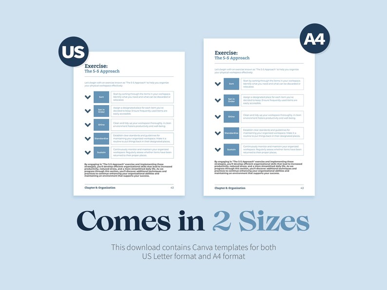 May include: Two white documents with blue accents, labeled "US" and "A4", present the "Exercise: The 5-S Approach." The text "Comes in 2 Sizes" is below, with the description: "This download contains Canva templates for both US Letter format and A4 format."