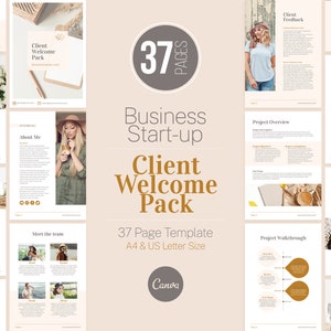 Op de afbeelding: Een 37-pagina template voor een welkomstpakket voor klanten, ontworpen voor startende bedrijven. De template heeft een neutrale kleurenpalet van beige, bruin en wit, met een modern en minimalistisch ontwerp. De tekst "37 Pages" wordt weergegeven in een groot, vet lettertype, en de tekst "Client Welcome Pack" wordt weergegeven in een kleiner, vet lettertype. De template is ontworpen voor gebruik met Canva.