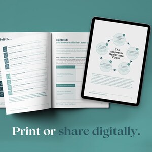 May include: A two-page spread of a workbook with the title "Self-Esteem Audit for Career Growth". The workbook includes a self-assessment exercise and a diagram illustrating the Imposter Syndrome Cycle.