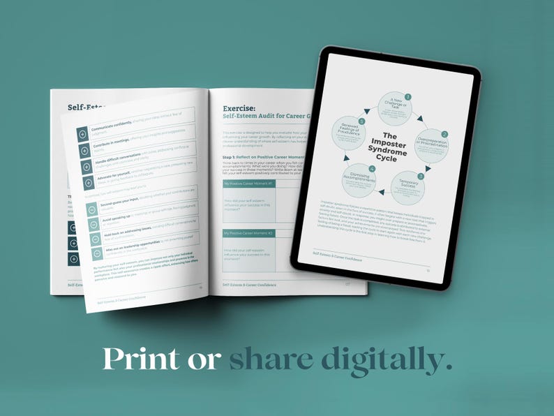 May include: A two-page spread of a workbook with the title "Self-Esteem Audit for Career Growth". The workbook includes a self-assessment exercise and a diagram illustrating the Imposter Syndrome Cycle.