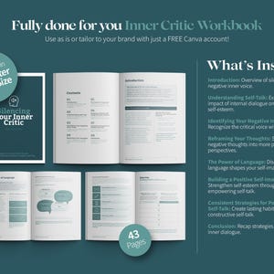 May include: A workbook titled "Silencing Your Inner Critic" with a teal cover and white text. The workbook is open to a page with a table of contents and another page with a list of topics, including "Understanding Self-Talk" and "Building a Positive Self-Image". The workbook is 43 pages long.