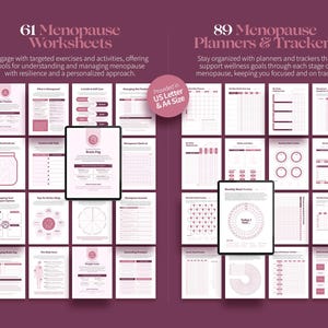 K&ouml;nnte beinhalten: Ein digitales Produkt mit 61 Menopause-Arbeitsbl&auml;ttern und 89 Planern und Trackern, auf dunklem rosa Hintergrund. Der Text enth&auml;lt "Menopause Worksheets" und "Menopause Planners & Trackers". Erh&auml;ltlich in US Letter und A4 Formaten zur Bew&auml;ltigung der Menopause.