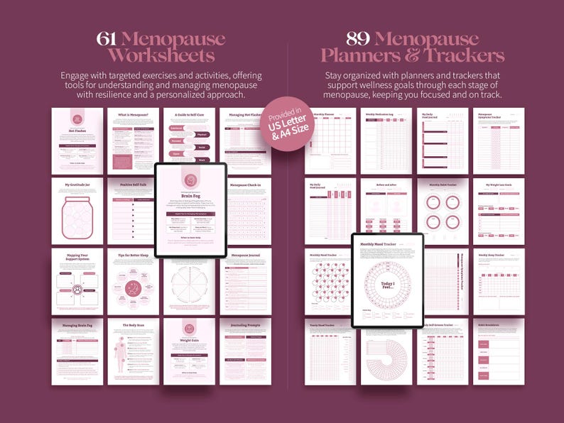 K&ouml;nnte beinhalten: Ein digitales Produkt mit 61 Menopause-Arbeitsbl&auml;ttern und 89 Planern und Trackern, auf dunklem rosa Hintergrund. Der Text enth&auml;lt "Menopause Worksheets" und "Menopause Planners & Trackers". Erh&auml;ltlich in US Letter und A4 Formaten zur Bew&auml;ltigung der Menopause.