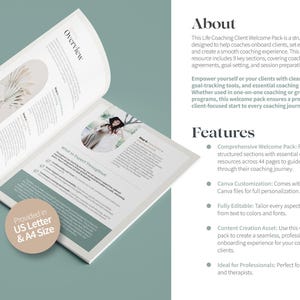 May include: A 44-page guide for life coaches to help onboard clients, set expectations, and create a smooth coaching experience. The guide includes 9 key sections covering coaching agreements, goal-setting, and session preparation. The guide is provided in US Letter and A4 size.