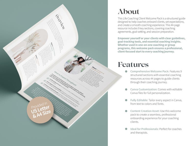 May include: A 44-page guide for life coaches to help onboard clients, set expectations, and create a smooth coaching experience. The guide includes 9 key sections covering coaching agreements, goal-setting, and session preparation. The guide is provided in US Letter and A4 size.