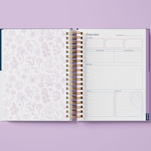 May include: An open planner with a floral pattern on the left page and a monthly overview on the right page. The overview includes sections for "My Big Goals", "My Milestones", "This Month's Focus", "To Do List", and "Breakdown List".