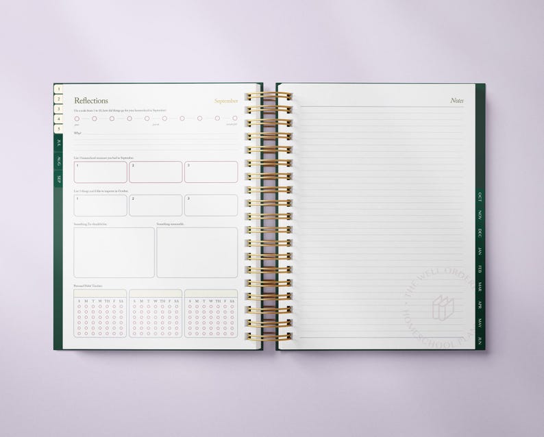 May include: Open spiral-bound planner with a green cover and gold spiral. The left page features sections for reflections and a calendar, while the right page is lined for notes. The text "Reflections" and "September" are visible.