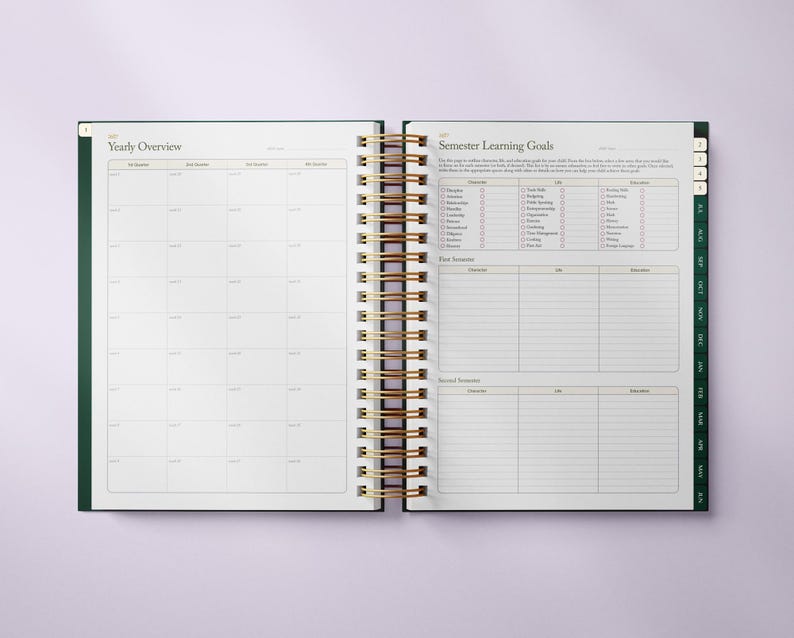 May include: Open planner with a gold spiral binding and green cover. The left page displays a yearly overview with a grid layout. The right page features semester learning goals with checklists and space for notes. Tabs along the side indicate months.