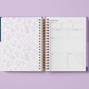 May include: An open planner with a floral pattern on the left page and an "Overview" section on the right page. The overview section includes spaces for "My Top Goals", "Key Milestones", "Non-Negotiable Hours", "Daily Themes", "Bucket List", and "Recurring Tasks".