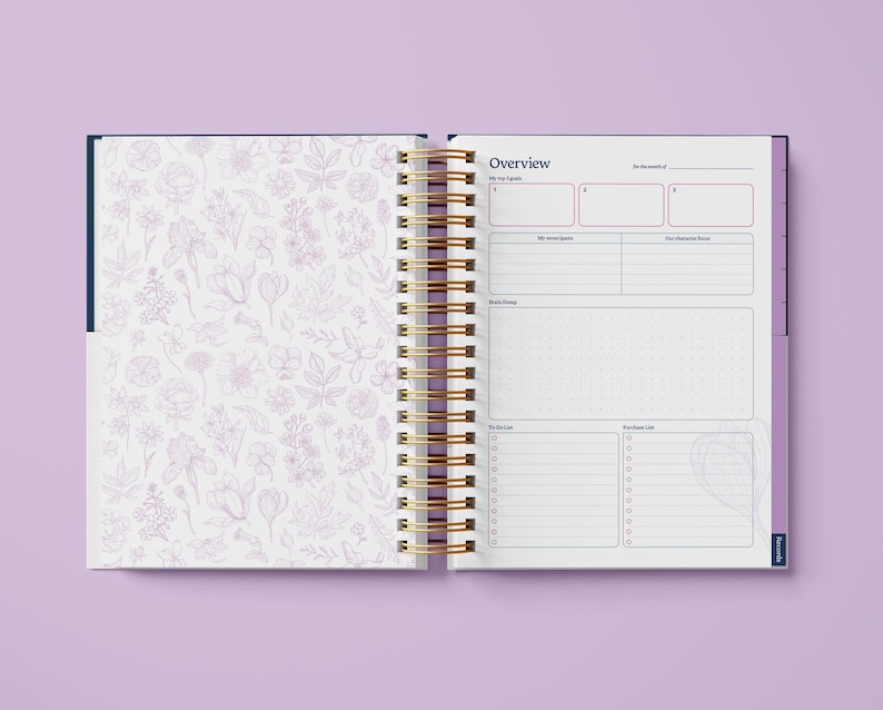 May include: An open planner with a floral pattern on the left page and an "Overview" section on the right page. The overview section includes spaces for "My Top Goals", "Key Milestones", "Non-Negotiable Hours", "Daily Themes", "Bucket List", and "Recurring Tasks".