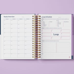 May include: An open planner with a blue cover and gold spiral binding. The left page has a "Yearly Overview" section with a grid for each quarter. The right page has a "Loop Schedule" section with instructions for creating a schedule.