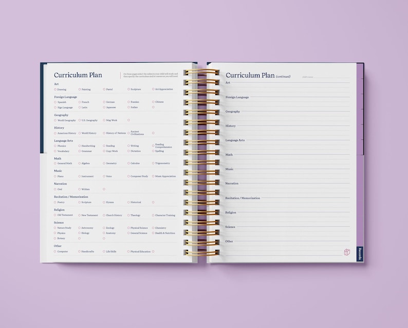 May include: A purple and blue planner with a gold spiral binding. The cover has the text "Curriculum Plan" printed on it. The pages are lined and have checkboxes for different subjects.