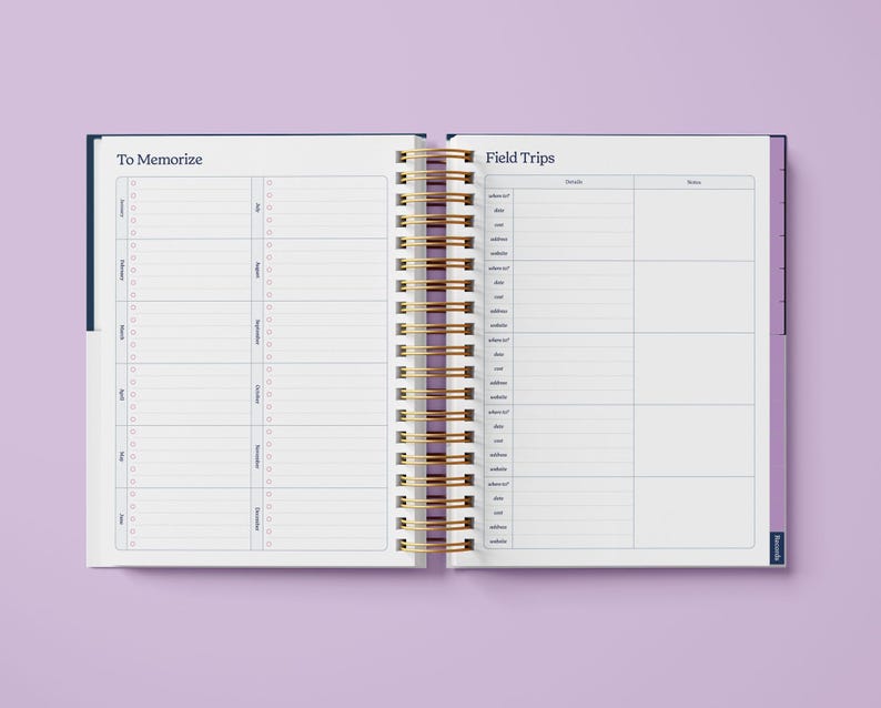 May include: An open planner with a blue cover and gold spiral binding. The left page has the heading "To Memorize" and the right page has the heading "Field Trips".