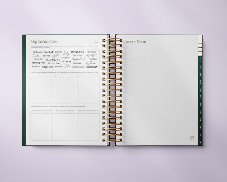May include: Open spiral-bound planner with a green cover and gold spiral binding. The left page has a section titled "Map Out Your Vision" with prompts and a list of words. The right page is titled "Space to Dream" and has dotted grid paper.