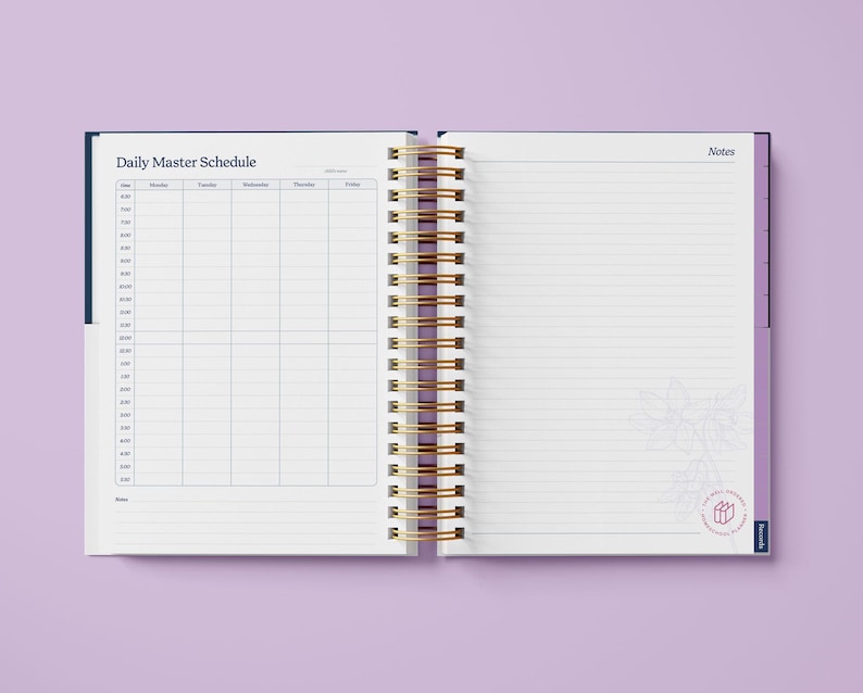 May include: An open daily planner with a blue cover and gold spiral binding. The left page has a daily master schedule with columns for each day of the week. The right page is blank with lined paper and the word "Notes" at the top.