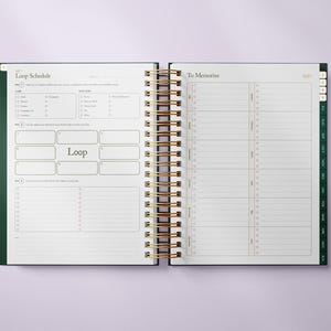 May include: Open spiral-bound planner with gold accents, featuring a green cover and pages for scheduling and memorization. The left page has a "Loop Schedule" section, and the right page is titled "To Memorize". The planner is open to a spread with blank spaces.