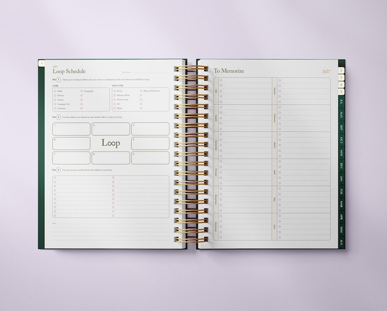 May include: Open spiral-bound planner with gold accents, featuring a green cover and pages for scheduling and memorization. The left page has a "Loop Schedule" section, and the right page is titled "To Memorize". The planner is open to a spread with blank spaces.