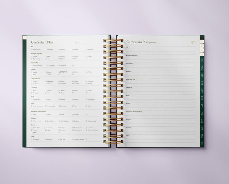 May include: Open, spiral-bound planner with gold coils and a dark green cover. The pages are white with a curriculum plan layout, featuring sections for various subjects. The text "Curriculum Plan" is visible at the top of the left page.
