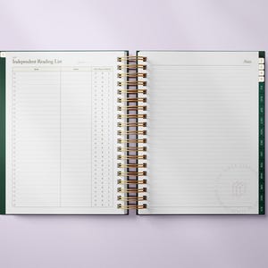 May include: Open notebook with a gold spiral binding and a dark green cover. The left page is labeled "Independent Reading List" with columns for book title and author. The right page is lined for notes.