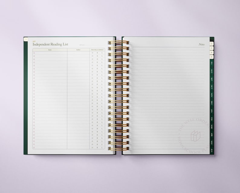 May include: Open notebook with a gold spiral binding and a dark green cover. The left page is labeled "Independent Reading List" with columns for book title and author. The right page is lined for notes.