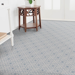 Regional Pattern Vinyl Flooring, Beige Sheet Vinyl Flooring, Blue Retro Floor Art, Abstract Kitchen Makeover, Office Decor