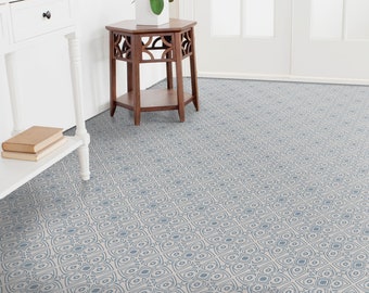 Regional Pattern Vinyl Flooring, Beige Sheet Vinyl Flooring, Blue Retro Floor Art, Abstract Kitchen Makeover, Office Decor