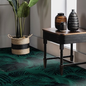 Belaubter Palmen-Dunkelheits-Vinylboden, grünes Linoleum in der Rolle, schwarze Retro-Bodenkunst, Dschungel-Retro-Bodenabdeckung, Vinylboden