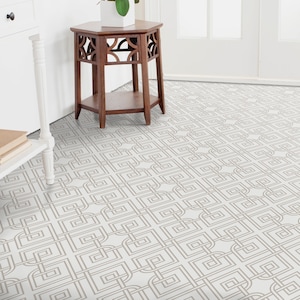 Porcelain Artdeco Illustration Vinyl Flooring, Beige Linoleum In Roll, Brown Retro Art, Minimalist Retro Floor Cover, Custom Flooring